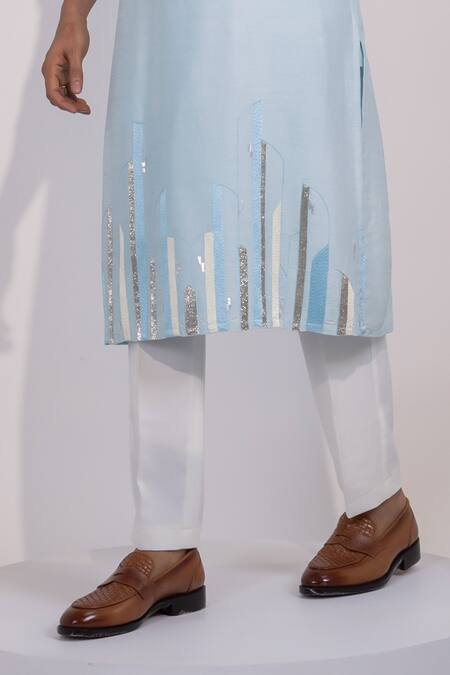 Yoseba_Sky Blue Silk, Silver Abstract Embellished Kurta And Pyjama Set _Online_at_Aza_Fashions