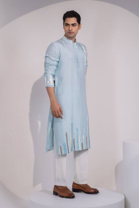Buy_Yoseba_Sky Blue Silk, Silver Abstract Embellished Kurta And Pyjama Set _Online_at_Aza_Fashions