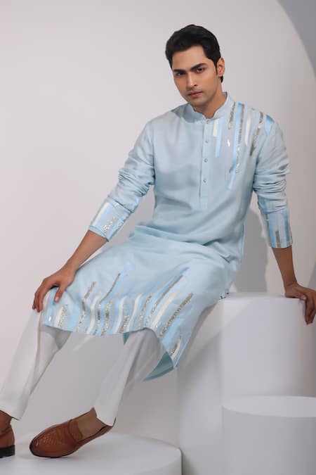 Shop_Yoseba_Sky Blue Silk, Silver Abstract Embellished Kurta And Pyjama Set _Online_at_Aza_Fashions