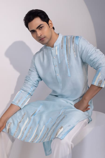 Yoseba_Sky Blue Silk, Silver Abstract Embellished Kurta And Pyjama Set _at_Aza_Fashions