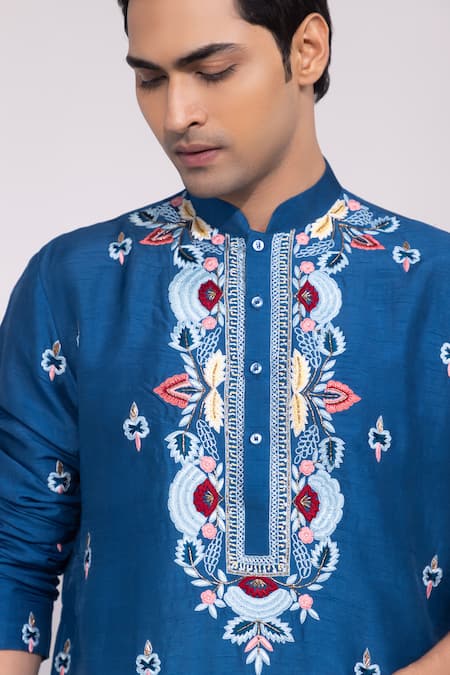 Buy_Yoseba_Blue Silk, Cotton Embroidery Neelkriti Kurta And Pyjama Set _Online_at_Aza_Fashions