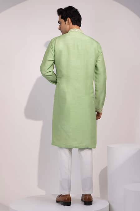 Shop Yoseba Green Silk, Cotton Embroidery Mehfil Mint Kurta And Pyjama Set at Aza Fashions Shop_Yoseba_Green Silk, Cotton Embroidery Mehfil Mint Kurta And Pyjama Set _at_Aza_Fashions