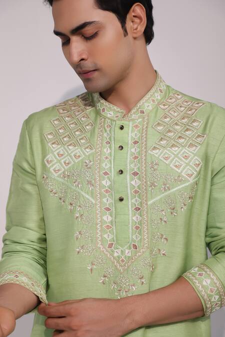 Shop Yoseba Green Silk, Cotton Embroidery Mehfil Mint Kurta And Pyjama Set Online at Aza Fashions Shop_Yoseba_Green Silk, Cotton Embroidery Mehfil Mint Kurta And Pyjama Set _Online_at_Aza_Fashions