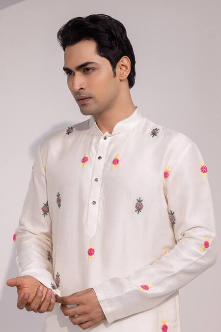 Shop Yoseba Ivory Silk, Cotton Embroidery Rose Kurta Set Online at Aza Fashions Shop_Yoseba_Ivory Silk, Cotton Embroidery Rose Kurta Set _Online_at_Aza_Fashions