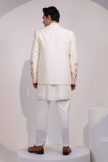 Shop Yoseba Ivory Silk Embroidery Floral And Leaf Jacket at Aza Fashions Shop_Yoseba_Ivory Silk Embroidery Floral And Leaf Jacket _at_Aza_Fashions