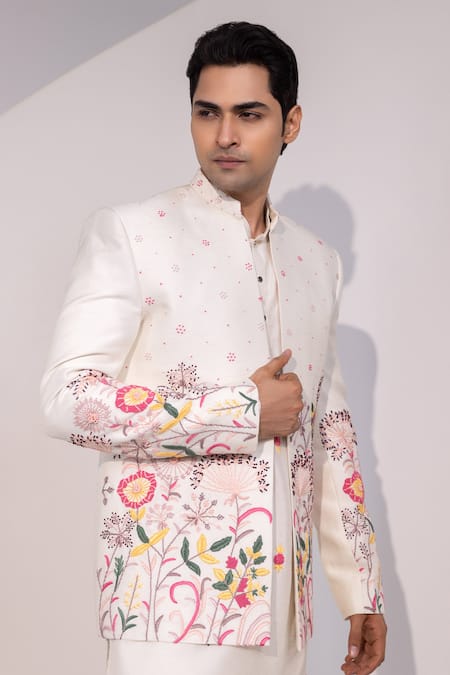 Shop Yoseba Ivory Silk Embroidery Floral And Leaf Jacket Online at Aza Fashions Shop_Yoseba_Ivory Silk Embroidery Floral And Leaf Jacket _Online_at_Aza_Fashions
