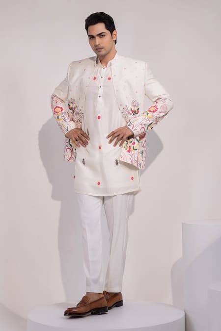 Yoseba Ivory Gulzar Gulzar Floral Embroidered Jacket Kurta Set 