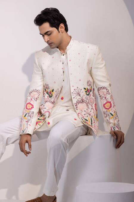 Buy Yoseba Ivory Silk, Cotton Embroidery Floral Jacket Kurta Set Online at Aza Fashions Buy_Yoseba_Ivory Silk, Cotton Embroidery Floral Jacket Kurta Set _Online_at_Aza_Fashions