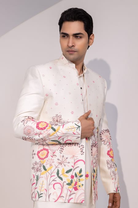 Shop Yoseba Ivory Silk, Cotton Embroidery Floral Jacket Kurta Set Online at Aza Fashions Shop_Yoseba_Ivory Silk, Cotton Embroidery Floral Jacket Kurta Set _Online_at_Aza_Fashions