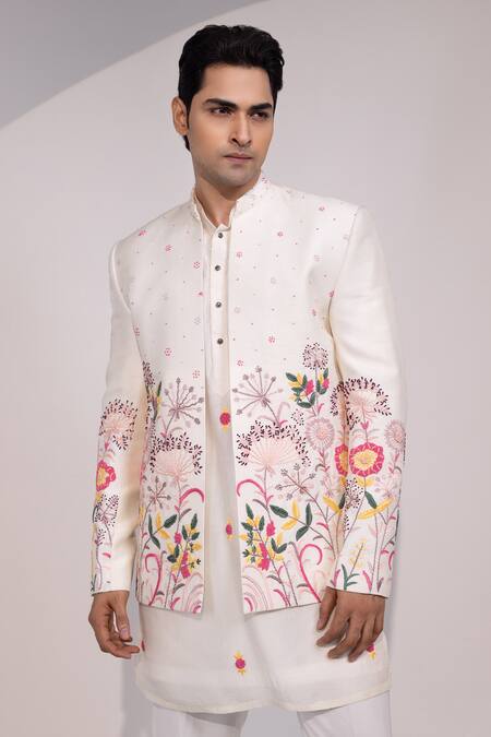 Yoseba Ivory Silk, Cotton Embroidery Floral Jacket Kurta Set at Aza Fashions Yoseba_Ivory Silk, Cotton Embroidery Floral Jacket Kurta Set _at_Aza_Fashions