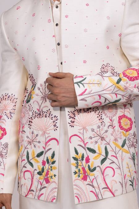 Buy Yoseba Ivory Silk, Cotton Embroidery Floral Jacket Kurta Set Buy_Yoseba_Ivory Silk, Cotton Embroidery Floral Jacket Kurta Set