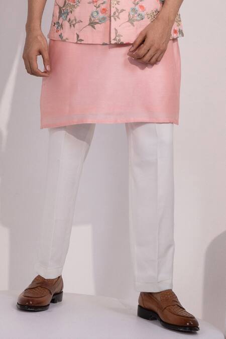 Yoseba_Pink Silk, Cotton Embroidery Nehru Jacket And Kurta Set _Online_at_Aza_Fashions