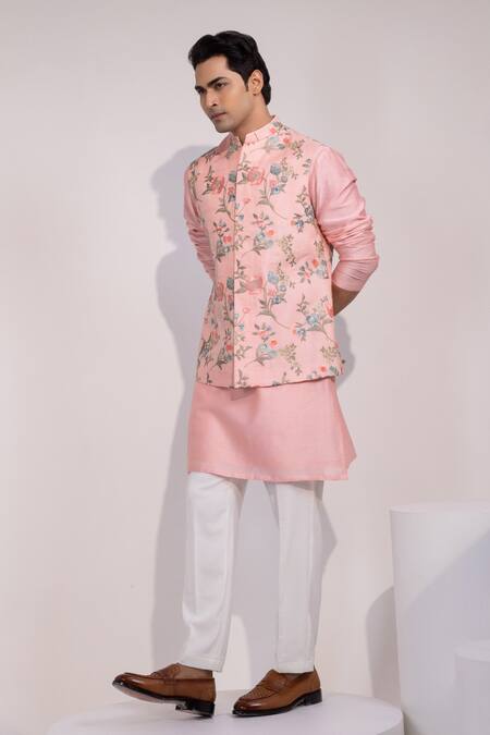 Buy_Yoseba_Pink Silk, Cotton Embroidery Nehru Jacket And Kurta Set _Online_at_Aza_Fashions