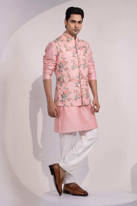 Shop_Yoseba_Pink Silk, Cotton Embroidery Nehru Jacket And Kurta Set _Online_at_Aza_Fashions