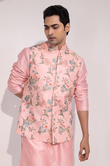 Yoseba_Pink Silk, Cotton Embroidery Nehru Jacket And Kurta Set _at_Aza_Fashions