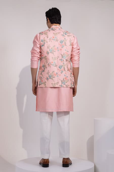 Yoseba Pink Floral Floral Embroidered Nehru Jacket & Kurta Set 