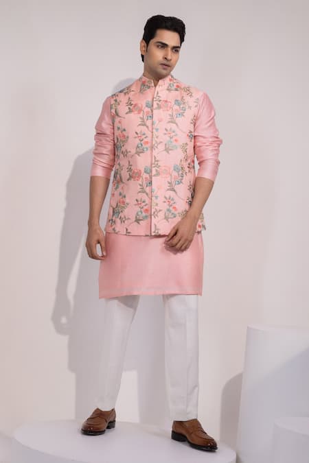 Yoseba Pink Floral Floral Embroidered Nehru Jacket & Kurta Set 