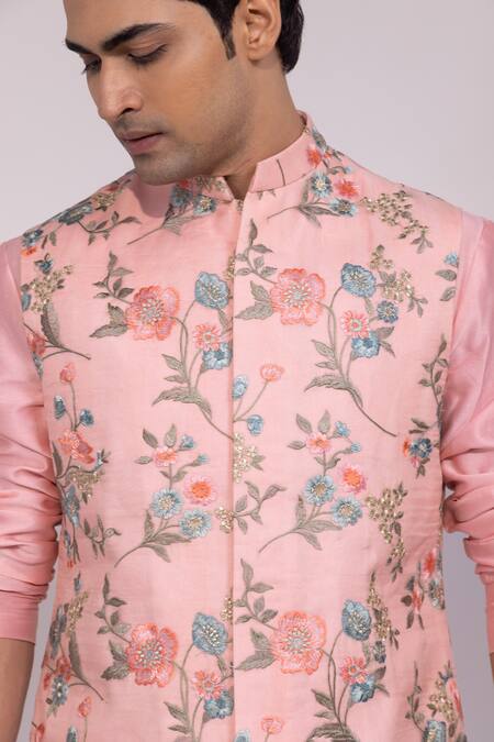 Buy_Yoseba_Pink Silk, Cotton Embroidery Nehru Jacket And Kurta Set 
