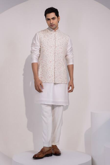 Shop_Yoseba_Off White Silk Cream Pink Motif Nehru Jacket _Online_at_Aza_Fashions