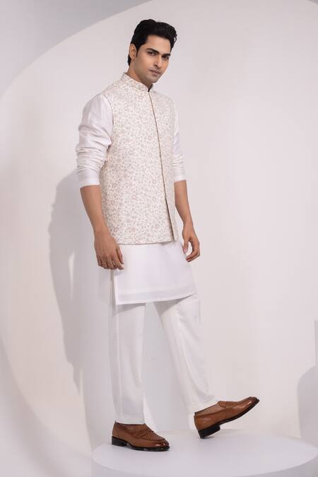 Buy_Yoseba_Off White Silk, Cotton Cream Pink Pattern Nehru Jacket Set _Online_at_Aza_Fashions