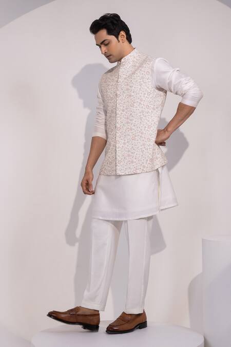 Shop_Yoseba_Off White Silk, Cotton Cream Pink Pattern Nehru Jacket Set _Online_at_Aza_Fashions