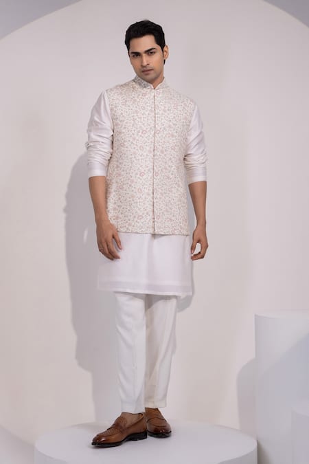 Yoseba Cream Pink Floral Floral Pattern Nehru Jacket Set 