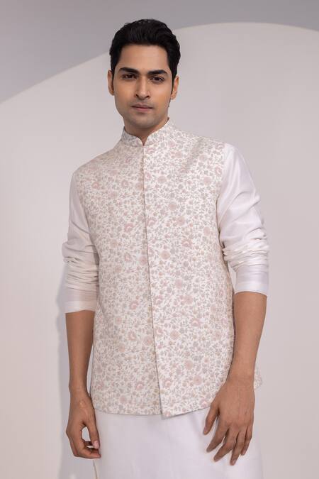 Yoseba_Off White Silk, Cotton Cream Pink Pattern Nehru Jacket Set _at_Aza_Fashions
