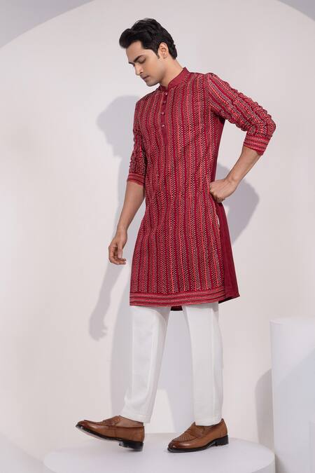 Yoseba_Maroon Linen, Satin, Cotton Embroidery Aagya Kurta And Pyjama Set _Online_at_Aza_Fashions