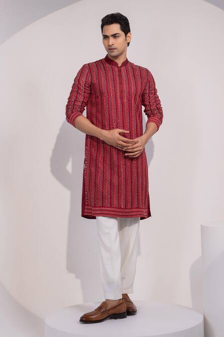 Buy_Yoseba_Maroon Linen, Satin, Cotton Embroidery Aagya Kurta And Pyjama Set _Online_at_Aza_Fashions