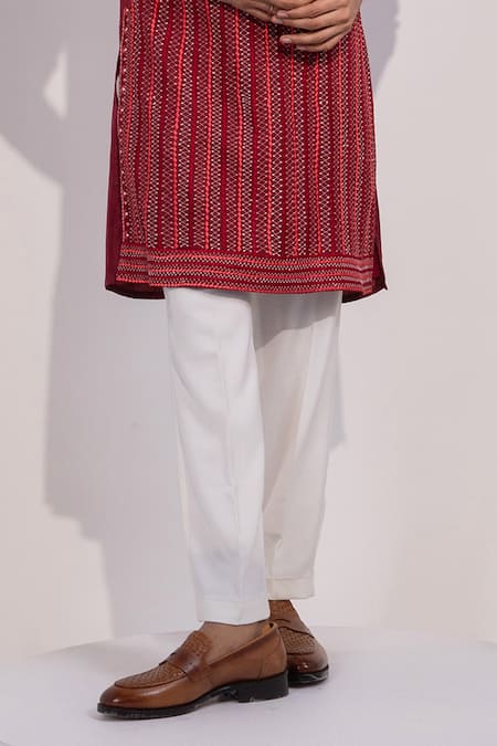 Shop_Yoseba_Maroon Linen, Satin, Cotton Embroidery Aagya Kurta And Pyjama Set _Online_at_Aza_Fashions