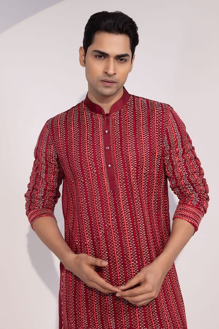 Yoseba_Maroon Linen, Satin, Cotton Embroidery Aagya Kurta And Pyjama Set _at_Aza_Fashions