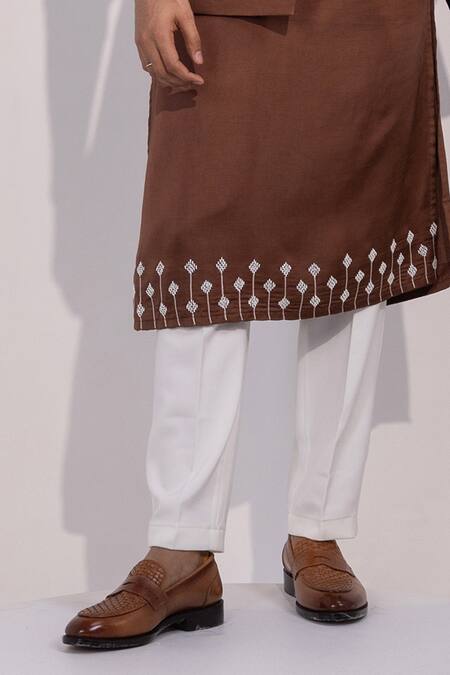 Yoseba_Brown Linen, Satin, Cotton Embroidery Nehru Jacket Set _Online_at_Aza_Fashions