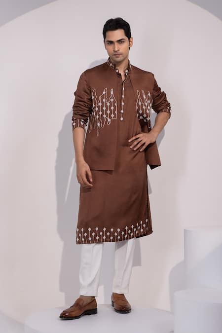 Yoseba_Brown Linen, Satin Embroidery Nehru Jacket _Online_at_Aza_Fashions