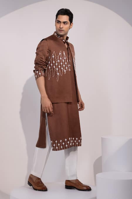 Shop_Yoseba_Brown Linen, Satin Embroidery Nehru Jacket _Online_at_Aza_Fashions