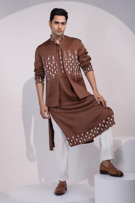 Yoseba_Brown Linen, Satin Embroidery Nehru Jacket _at_Aza_Fashions