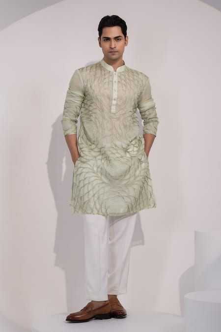Buy_Yoseba_Mint Organza, Cotton Embroidery Jaalika Kurta And Pyjama Set _Online_at_Aza_Fashions