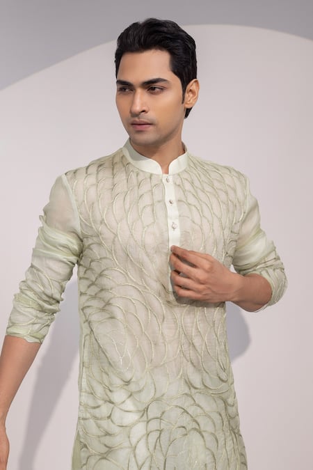 Shop_Yoseba_Mint Organza, Cotton Embroidery Jaalika Kurta And Pyjama Set _Online_at_Aza_Fashions