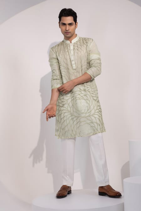 Yoseba_Mint Organza, Cotton Embroidery Jaalika Kurta And Pyjama Set _at_Aza_Fashions