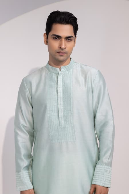 Yoseba_Mint Chanderi Silk, Cotton Embroidery Pista Noor Kurta And Pyjama Set _Online_at_Aza_Fashions
