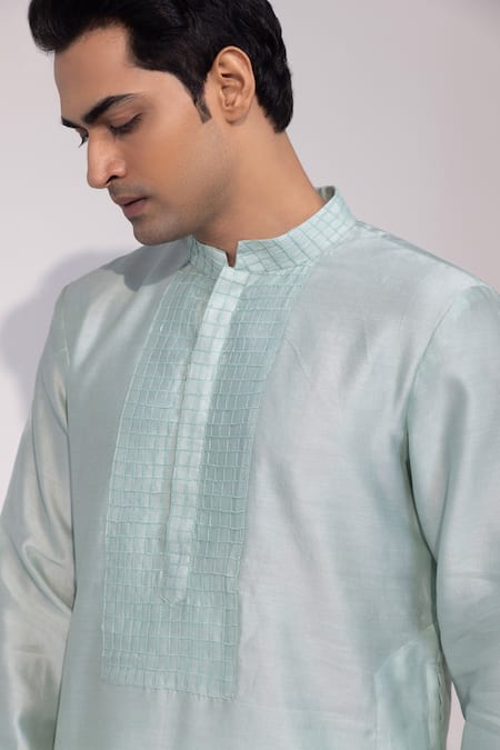 Shop_Yoseba_Mint Chanderi Silk, Cotton Embroidery Pista Noor Kurta And Pyjama Set _Online_at_Aza_Fashions