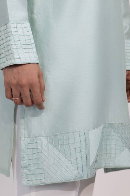 Yoseba_Mint Chanderi Silk, Cotton Embroidery Pista Noor Kurta And Pyjama Set _at_Aza_Fashions