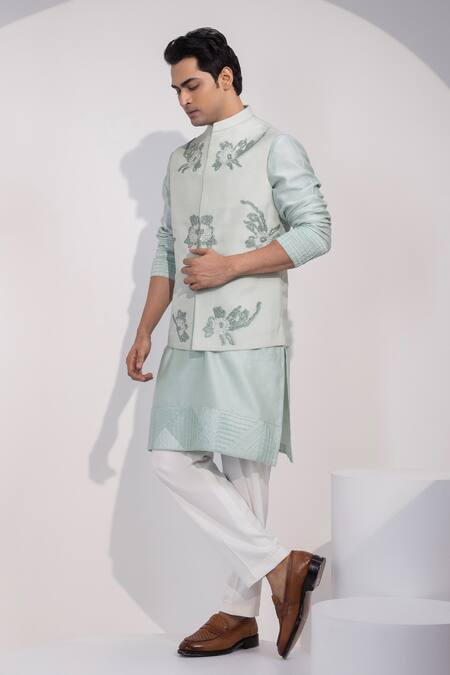 Yoseba_Mint Organza Pista Floral And Bird Nehru Jacket _Online_at_Aza_Fashions