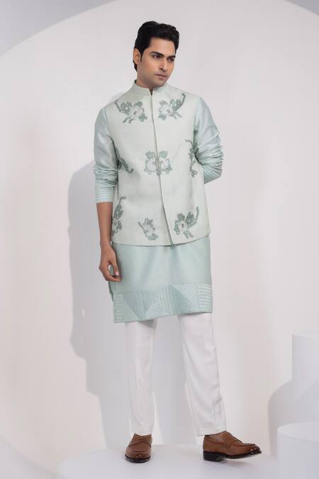 Buy_Yoseba_Mint Organza Pista Floral And Bird Nehru Jacket _Online_at_Aza_Fashions