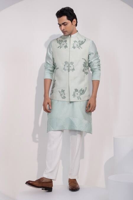 Buy_Yoseba_Mint Organza, Chanderi Silk, Pista Nehru Jacket Set _Online_at_Aza_Fashions