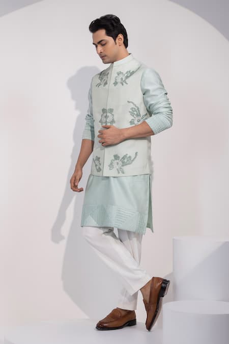 Shop_Yoseba_Mint Organza, Chanderi Silk, Pista Nehru Jacket Set _Online_at_Aza_Fashions
