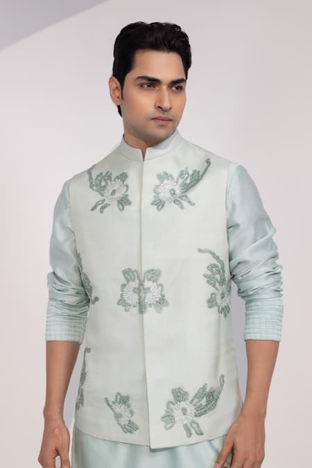 Yoseba_Mint Organza, Chanderi Silk, Pista Nehru Jacket Set _at_Aza_Fashions