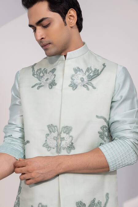 Buy_Yoseba_Mint Organza, Chanderi Silk, Pista Nehru Jacket Set 