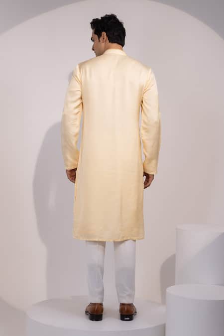 Yoseba Pastel Yellow Linen Satin Stitched Detail Kurta Pyjama Set 