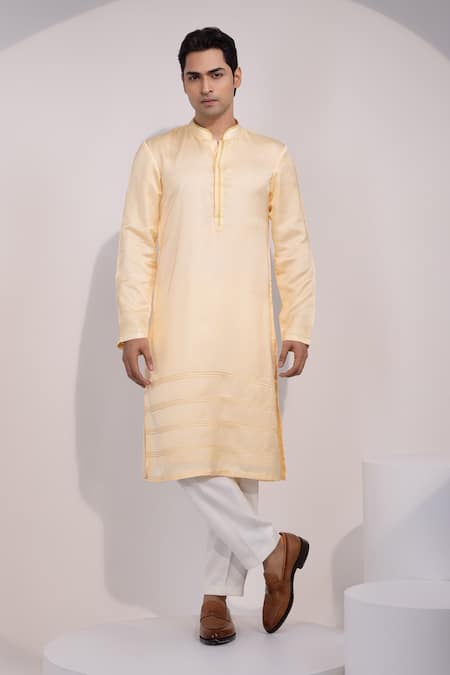 Yoseba Pastel Yellow Linen Satin Stitched Detail Kurta Pyjama Set 