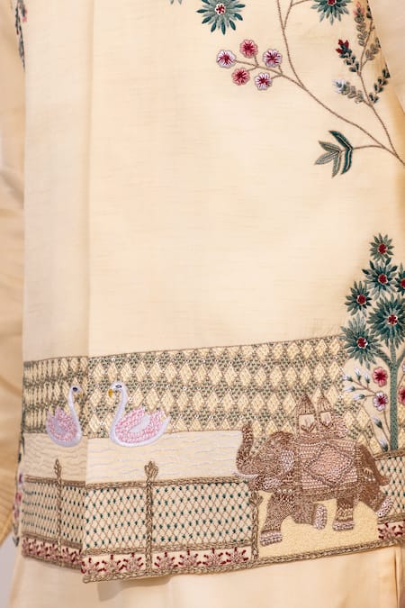 Yoseba Yellow Linen, Satin Embroidery Rangrez Saaz Floral And Avian Nehru Jacket at Aza Fashions Yoseba_Yellow Linen, Satin Embroidery Rangrez Saaz Floral And Avian Nehru Jacket _at_Aza_Fashions